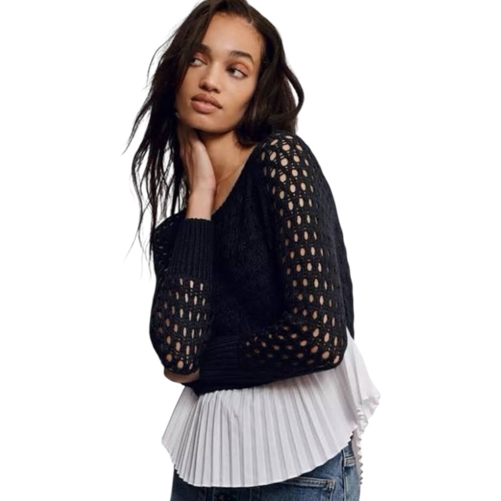 NWT Anthropologie Women’s Black Maeve Knit Crochet w White Peplum Sweater, XL